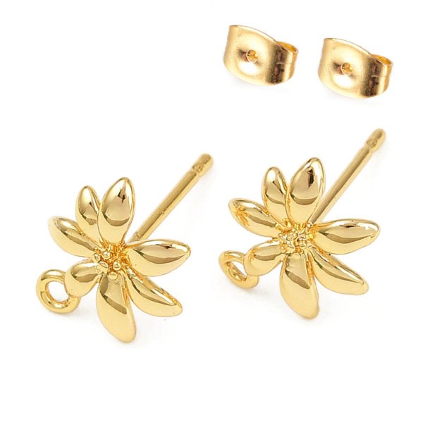 Ear studs, flower with eye, 18K gold-plated brass, 11x9 mm, 4 pcs