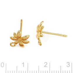 Ear studs, flower with eye, 18K gold-plated brass, 11x9 mm, 4 pcs