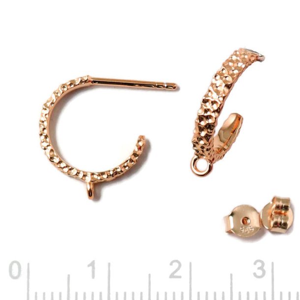 Earstuds, hammered open arch with closed loop, rose gold-plated silver, 13mm, 2pcs