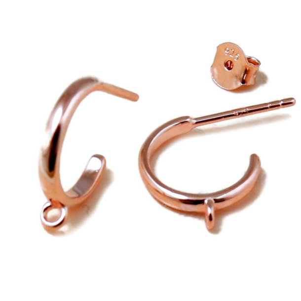 Earstuds, open arch with loop, rose gold plated silver, diameter 12mm, wire 1.8mm, 2pcs