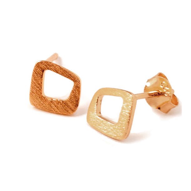Earstuds, brushed, leaning square shape, rose gilded silver, 12x7x7mm, 2pcs