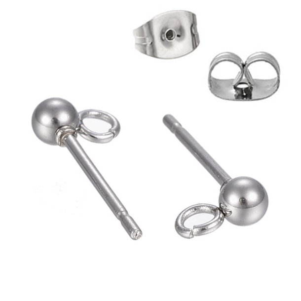 Earstuds with 3mm ball and open loop, stainless steel, earnuts included, 6 pcs