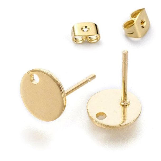 Earstuds, flat 8 mm pad with hole and earnuts, gold plated, stainless steel, 6pcs