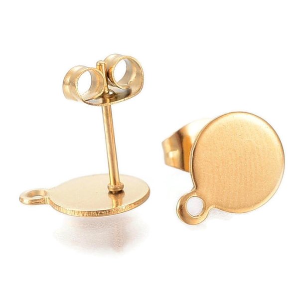 Earstuds, flat 8 mm pad with eyelet and earnuts, gold plated, stainless steel, 4pcs