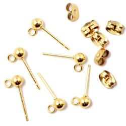 Ohrstecker mit 4 mm Kugel und offene &Ouml;se in L&auml;ngsrichtung, vergoldeter Stahl. 6 Stck