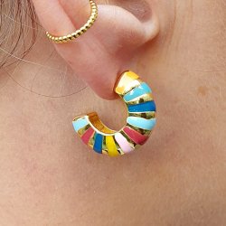 Ear studs, wide open bow, multicoloured enamelled, 18K gold-plated brass, 20.5 mm, 2 pcs