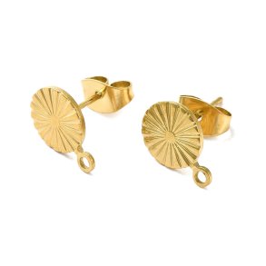 Ear studs with faceted 8 mm plate and loop, 18K gold-plated steel, 11x8 mm, 2 pcs
