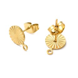 Ear studs with faceted 8 mm plate and loop, 18K gold-plated steel, 11x8 mm, 2 pcs