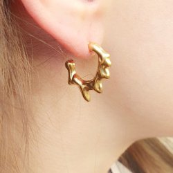 Earrings, open hoop with a melted look, gold-plated steel, 23x19mm, 2 pcs