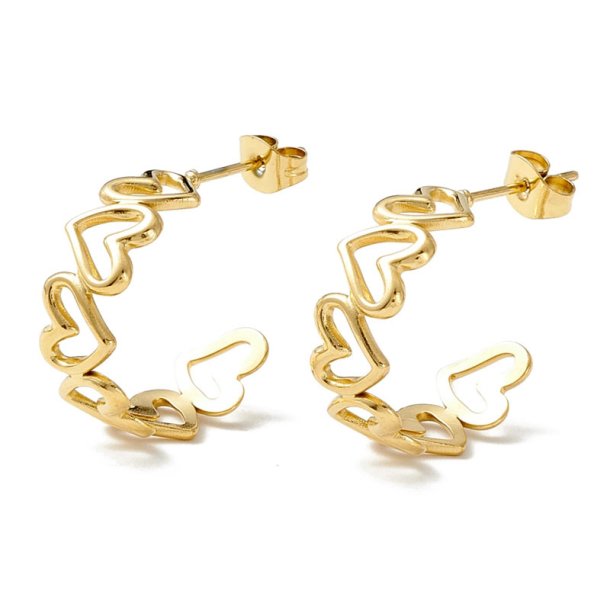 Ear studs, open bow with hearts, 18K gold-plated steel, 20 mm, 2 pcs