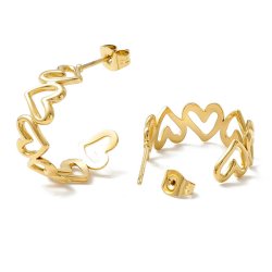 Ear studs, open bow with hearts, 18K gold-plated steel, 20 mm, 2 pcs