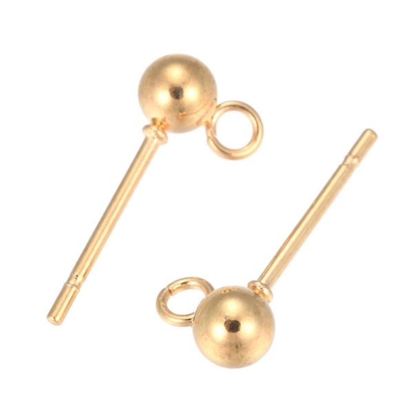 Stud earrings with 4 mm ball and open loop lengthwise, gold-plated steel. 6 pcs