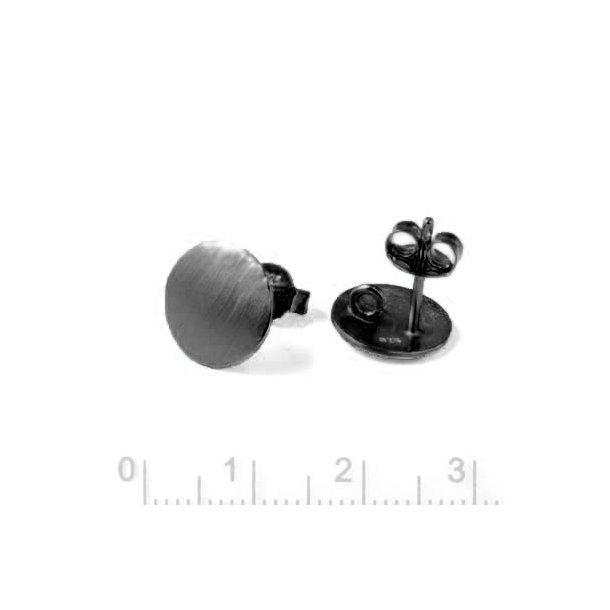 Earstuds with brushed rounded coin, black sterling silver, diameter 10mm, 2pcs