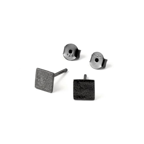 Earstuds, brushed square, oxidised Sterling silver, 5.5mm, 2pcs.