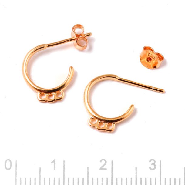 Earstuds, open arch with 3 loops, rose gold-plated silver, diameter 12mm, wire 1.8mm, 2pcs