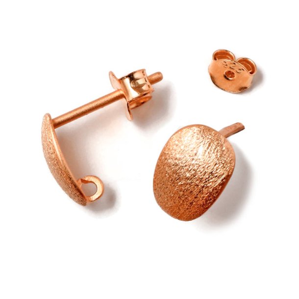 Stud earrings with brushed curved oval with eye, rose gold-plated silver, 9x6.5 mm, 2 pcs.