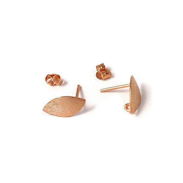 Earstuds, brushed bend leaf and loop on backside, rose gilded silver, 13.5x9mm, 2pcs.