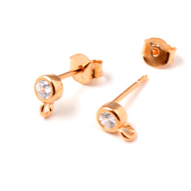 Earring with round CZ and open loop, rose gold-plated silver, width 4.2 mm, 2 pcs