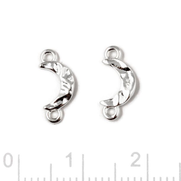 Link, crescent Moon shape, uneven surface with two loop, silver, 11x5 mm, 2 pcs