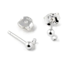 Earstuds with ball and closed loop crosswise, sterling silver, 14x3x0.7mm, 2pcs