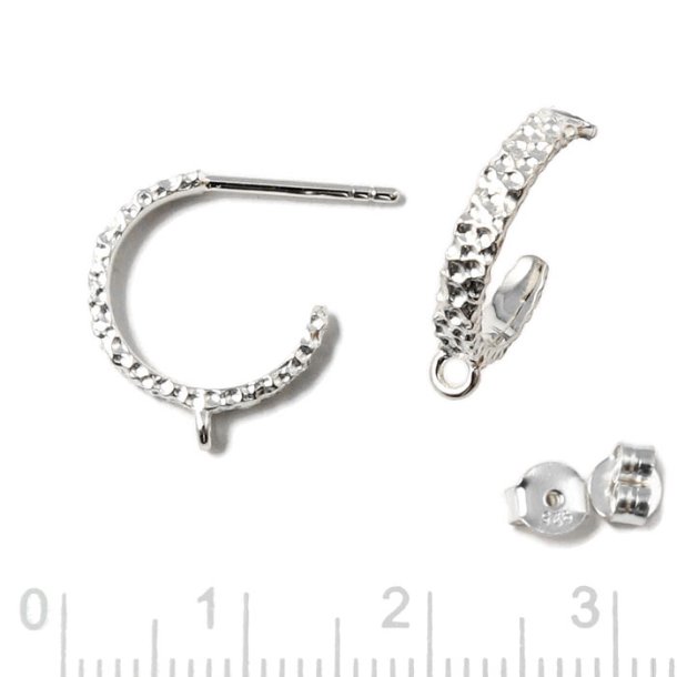 Earstuds, hammered open arch with closed loop, silver, 13mm, 2pcs