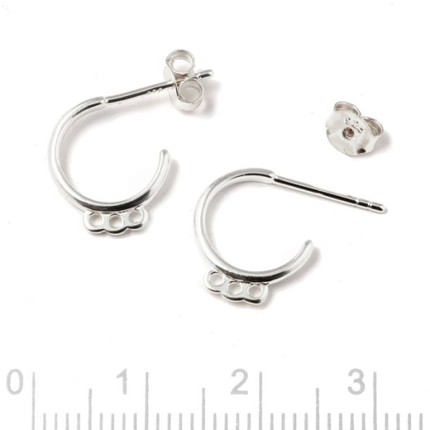 Earstuds, open arch with 3 loops, silver, diameter 12mm, wire 1.8mm, 2pcs