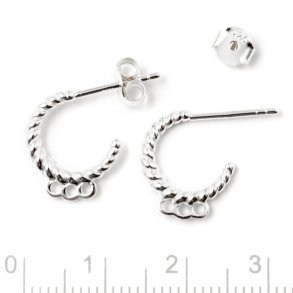 Earstuds, open rippled arch with 3 loops, silver, 13x2mm, 2pcs
