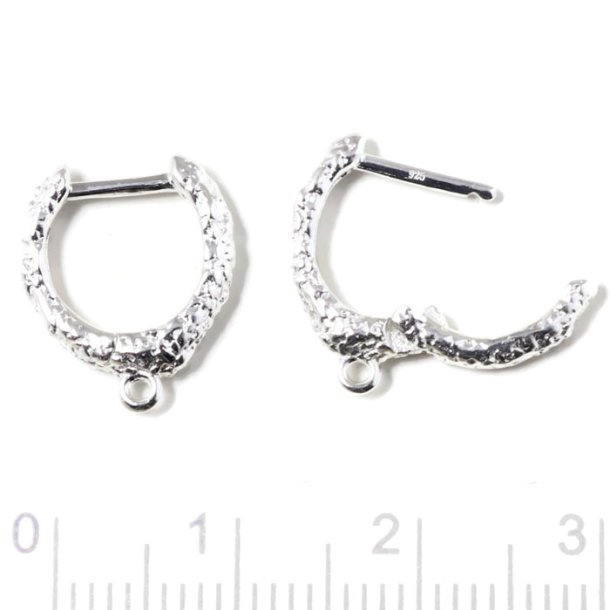 Hinged ear stud, hammered with loop, silver, 13x2.5 mm, 2 pcs