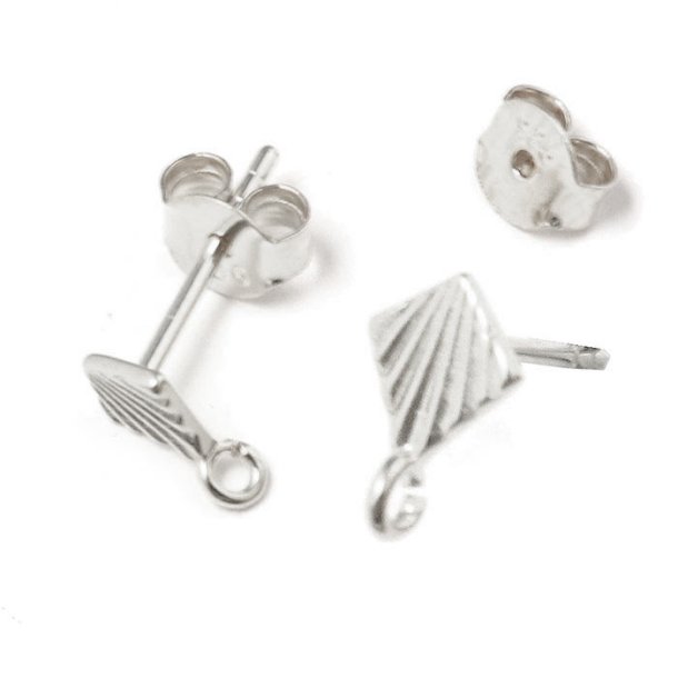 Ear studs with diamond shaped plate, loop and stripes, silver, 8x5x12 mm 2 pcs