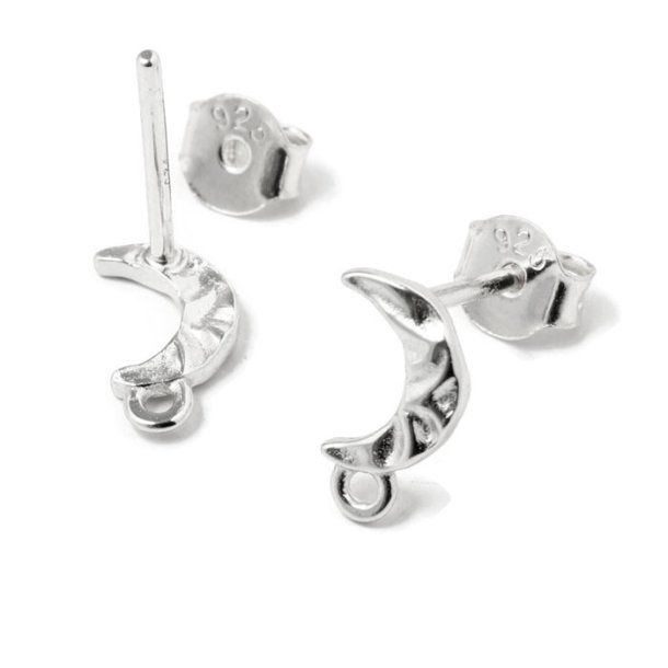 Stud earrings, hammered crescent moon with loop, 9.5x5 mm, silver, 2 pcs.