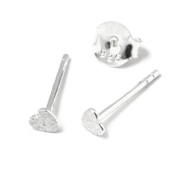 Earstuds with brushed heart, silver, width 4mm, length 14mm, earnuts included, 2pcs
