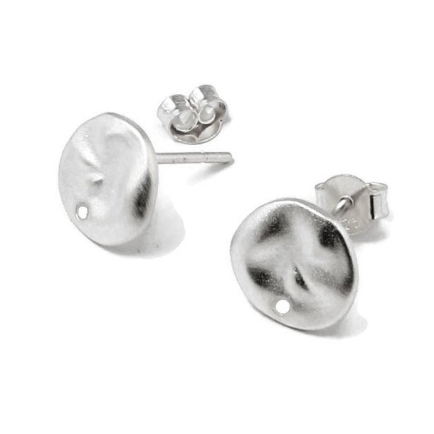 Earstuds, uneven coin with hole, frosted, silver, 10x13mm, 2pcs