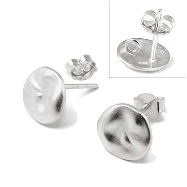 Earstuds, uneven coin with loop on the backside, frosted, silver, 10x13mm, 2pcs