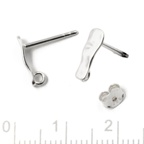 Earring, uneven wavy elongated with loop, shiny, silver, 10,5x4,5 mm, 2 pcs