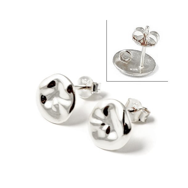 Earstuds, uneven coin with loop on the back, shiny, silver, 10x13mm, 2pcs