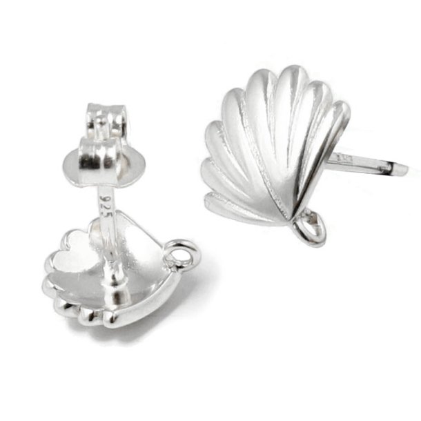 Ear stud, sea shell with open loop, silver, 10x9.5 mm, 2 pcs
