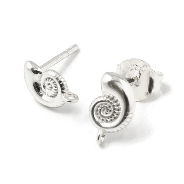 Ear stud, sea snail shell with open eye, silver, 9.5x6 mm, 2 pcs