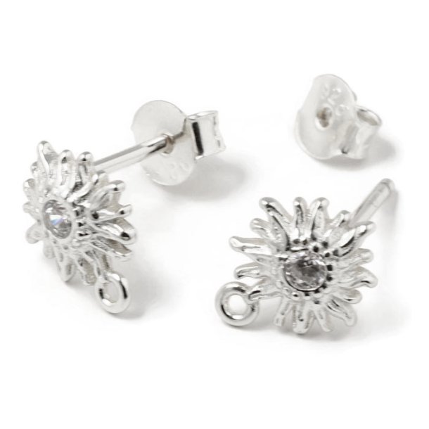 Earstuds, flower with CZ and loop, silver, width 10x8 mm, 2 pcs