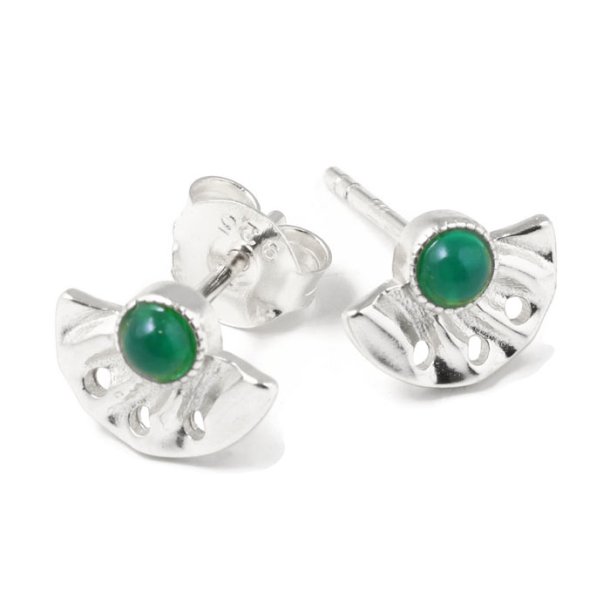 Ear studs, fan with green onyx and 3-eyes, silver, 10x7,5 mm, 2 pcs