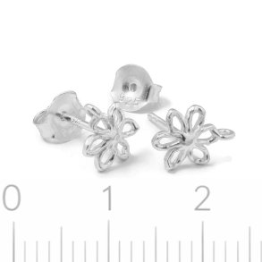 Open flower stud earrings with loop, sterling silver, 10x7.4 mm, 2 pcs