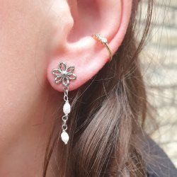 Open flower stud earrings with loop, sterling silver, 10x7.4 mm, 2 pcs