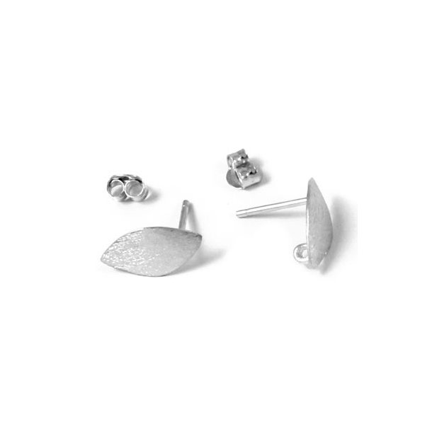 Earstuds, brushed leaf and eye, Sterling silver, 13.5x9mm, 2pcs.