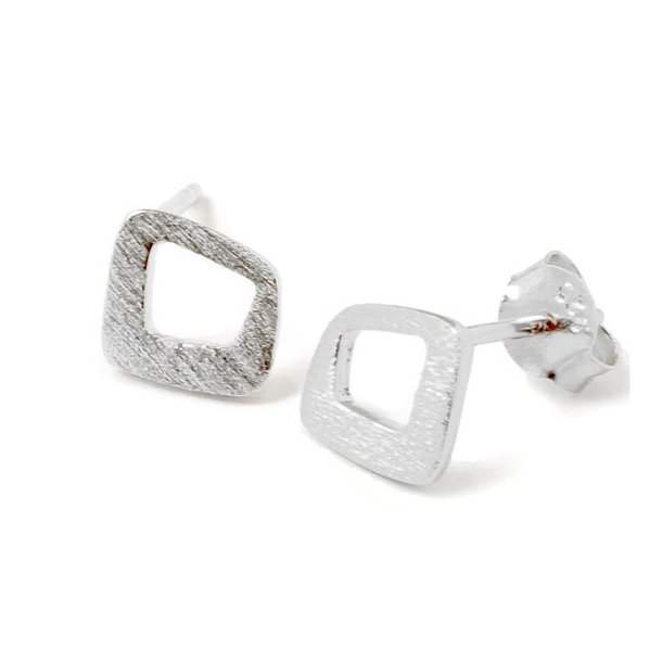 Earstuds, brushed, leaning square shape, silver, 12x7x7mm, 2pcs