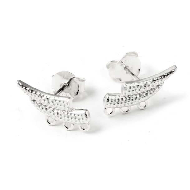 Ear stud, wing with 3 eyelets, hammered, 14.5x6,5 mm, silver, 2 pcs.