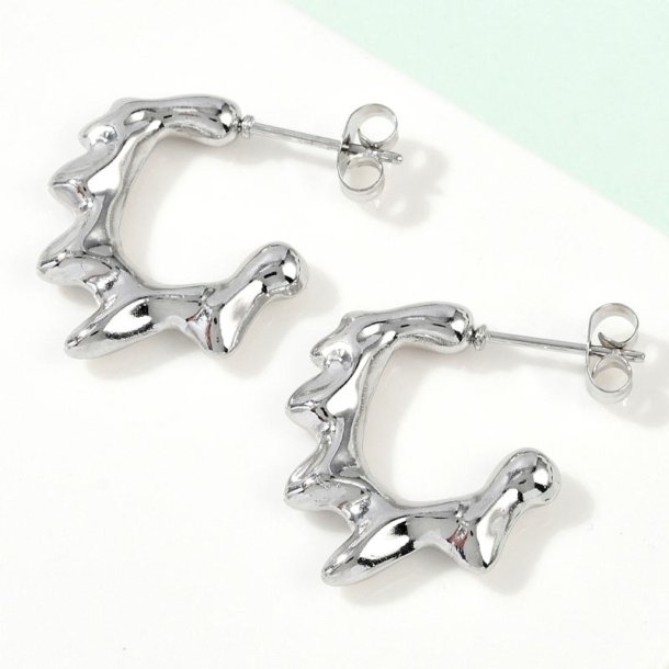 Earrings, open hoop with a melted look, stainless steel, 23x19mm, 2 pcs