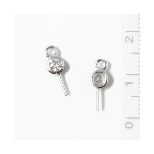 Eyepin, sterling silver with 3 mm cubic zirconia, 12x0.8mm, 1pc