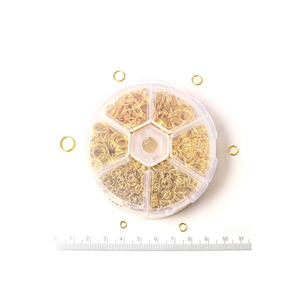 Jumpring-set, gold-plated, in round plastic container with 8 different sizes, 110gr