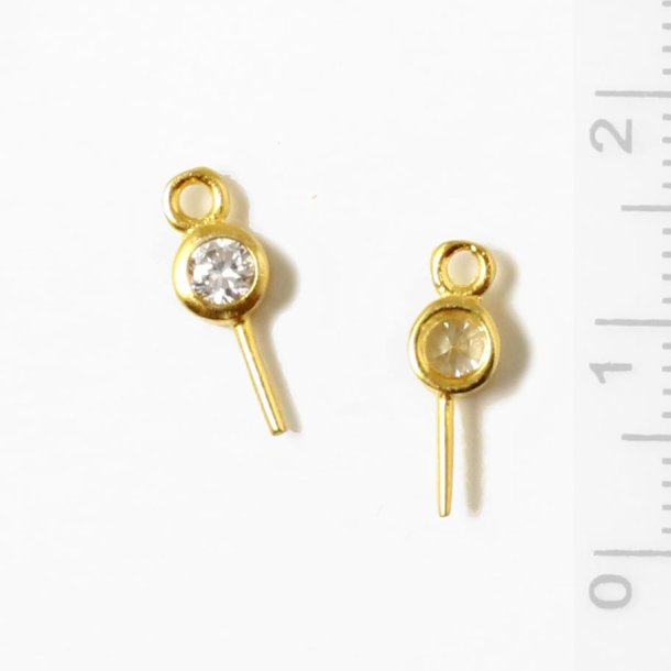 Eyepin, gold-plated silver with cubic zirconia, 12x0.8mm, 1pc.