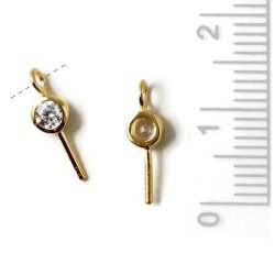 Eyepin, gold-plated silver with cubic zirconia and lateral eye, 12x1mm, 1pc.