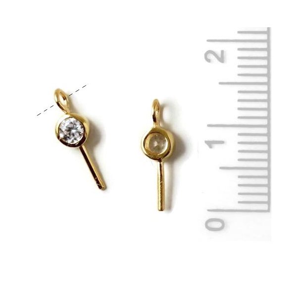 Eyepin, gold-plated silver with cubic zirconia and lateral eye, 12x0.8mm, 1pc.